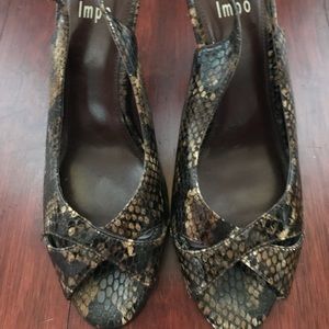 IMPO sling back stiletto snakeskin sandals